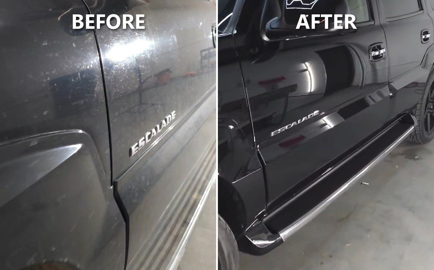Before and after on a black Cadillac Escalade